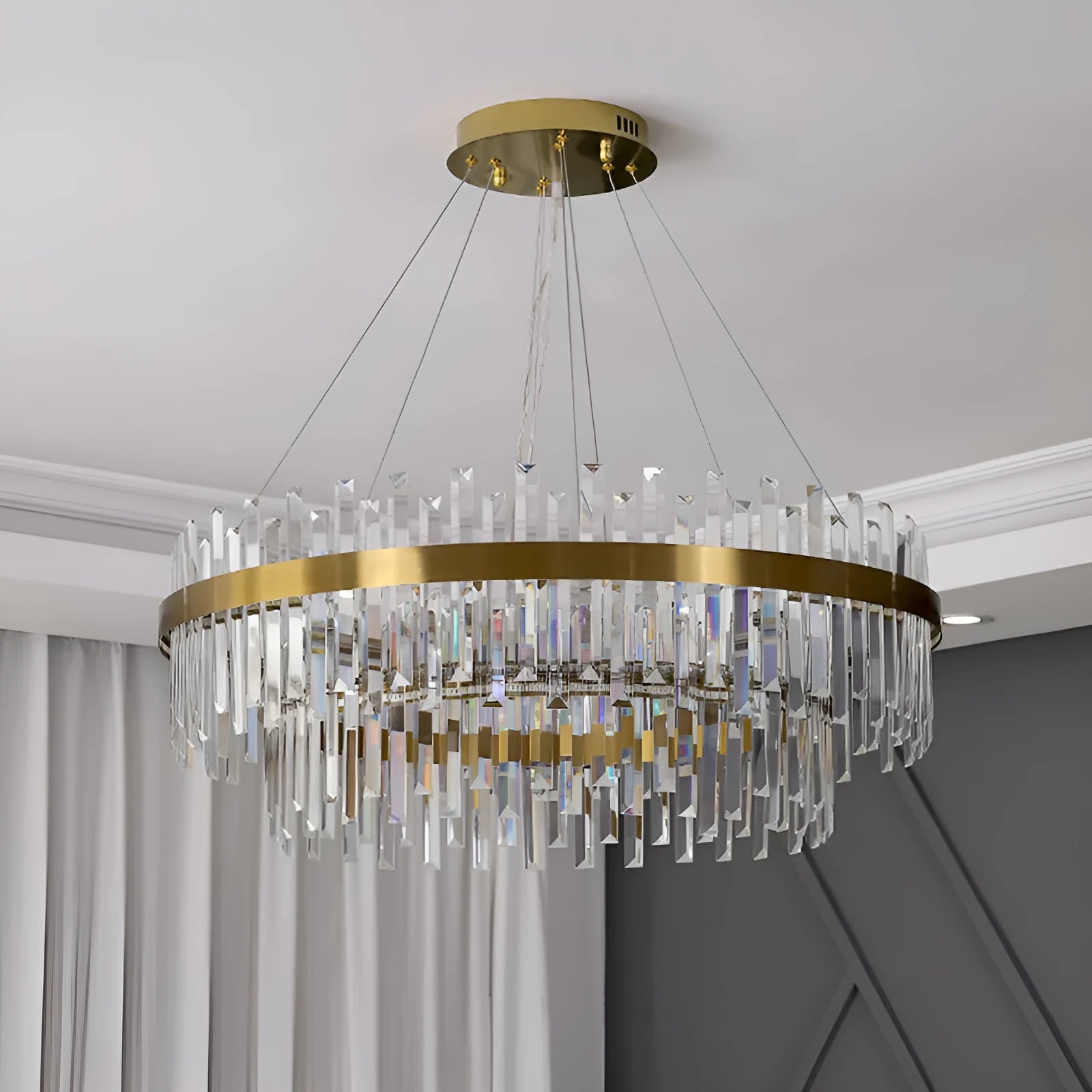 Crystal multi-head chandelier with stainless steel body and adjustable height for ceiling lighting