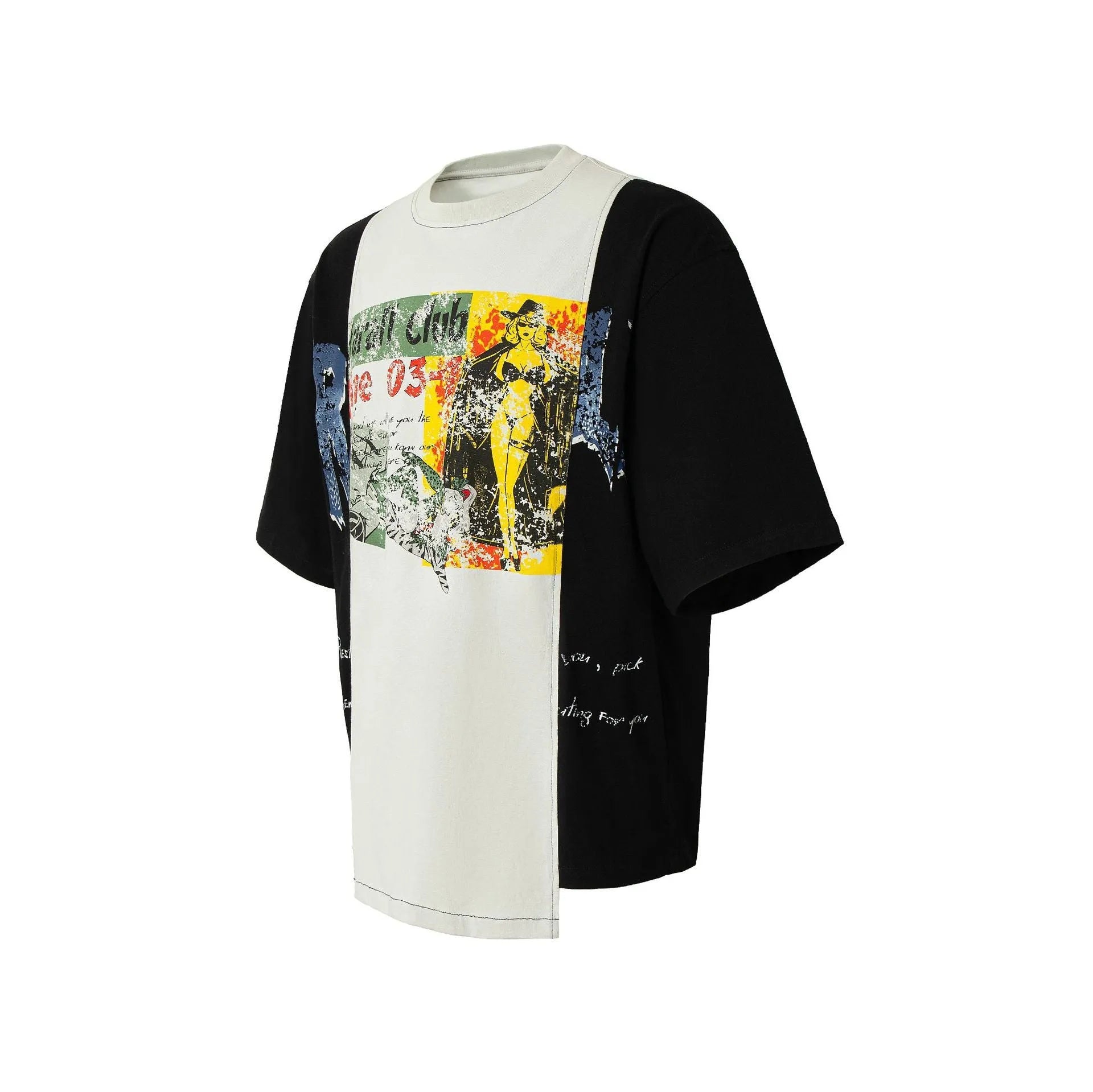 Black and white deconstruction printed loose fit cotton blend t-shirt on hanger.