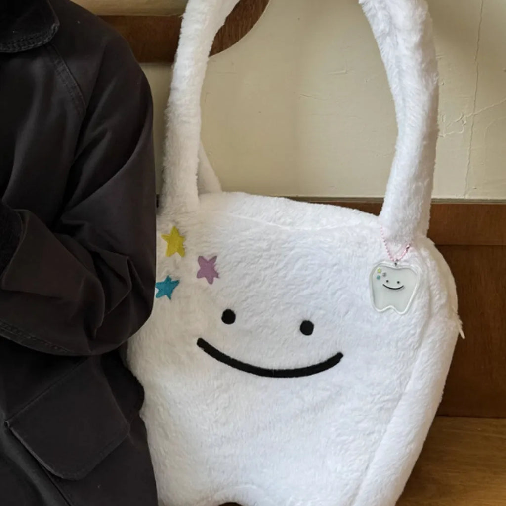 Plush large tooth shoulder tote bag with cute teeth pattern and zipper closure