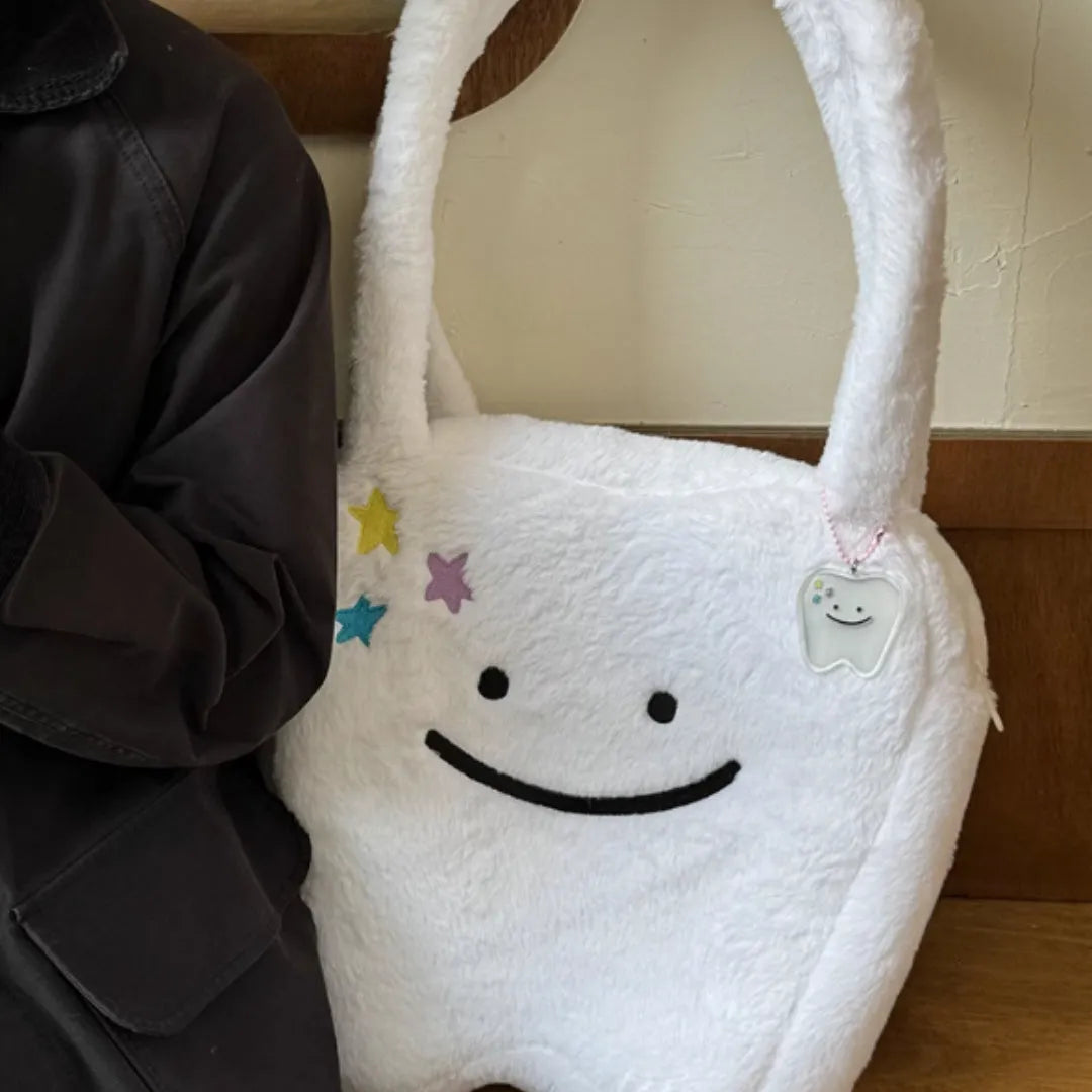Plush large tooth shoulder tote bag with cute teeth pattern and zipper closure