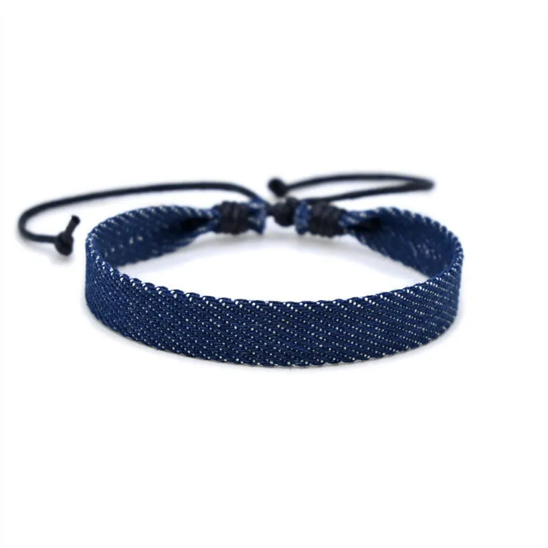 Denim fabric bracelet strap with leather adjustable cord in multiple colour options
