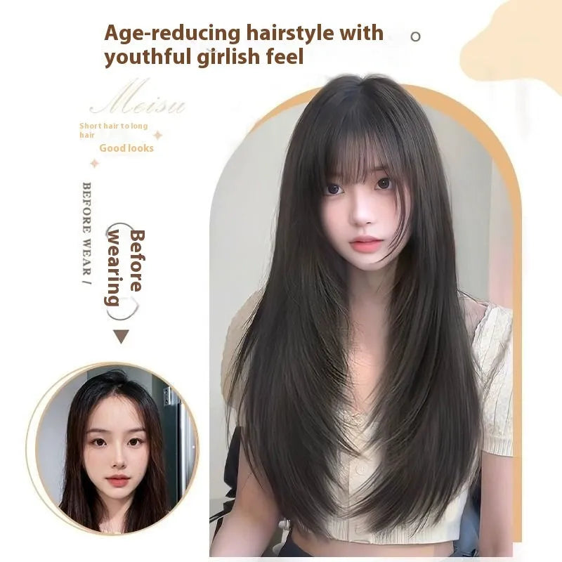 Black long straight layered synthetic hair wig with wear-free full-head hair net construction