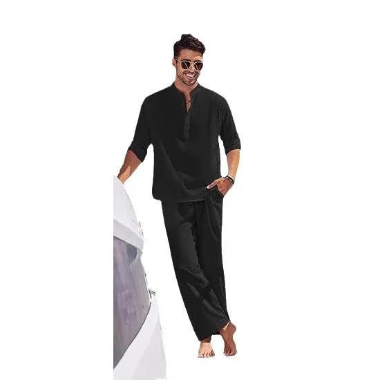 Men's casual cotton two-piece suit with long sleeves and trousers in a solid colour
