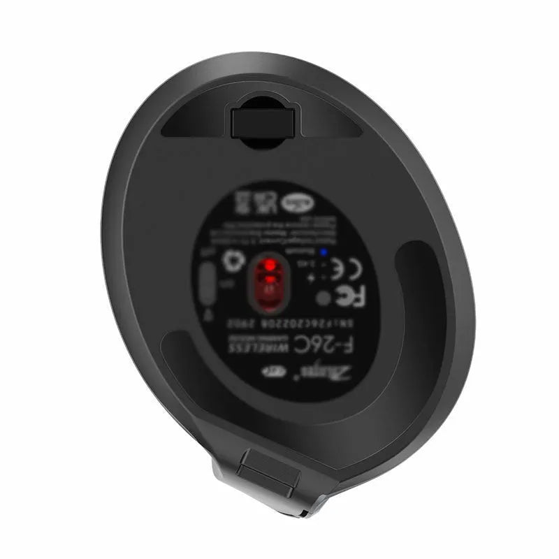 Grey ergonomic vertical wireless mouse with Bluetooth and dual charging.