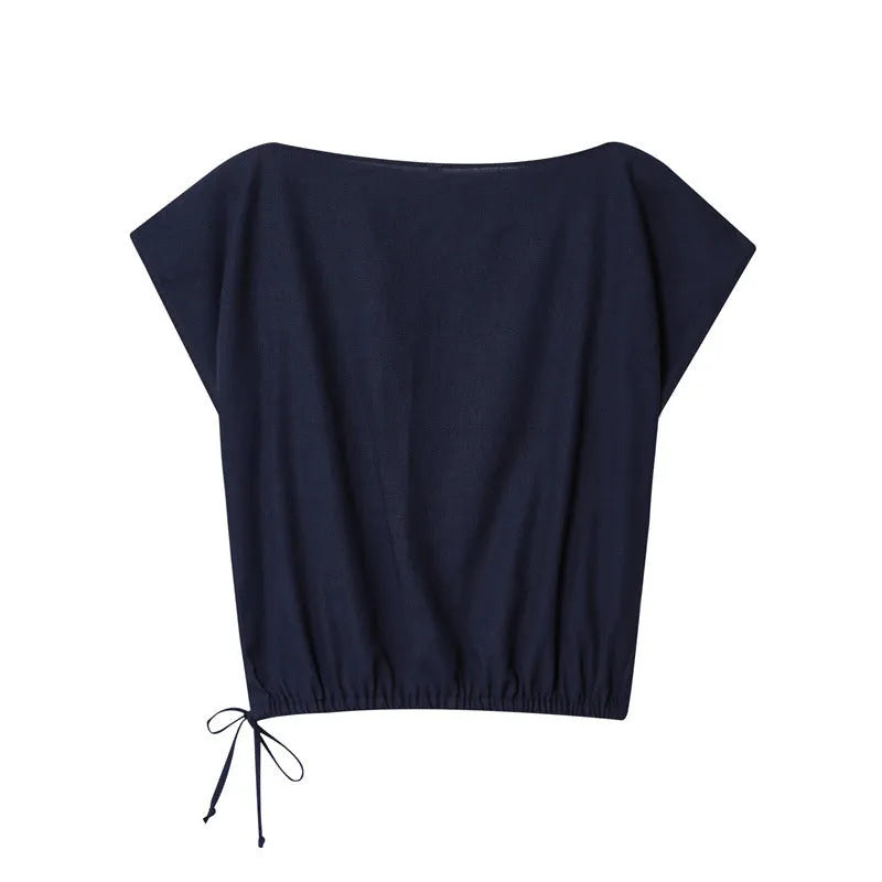 Women's linen-style shirt and wide leg trousers set in coordinating colours with flounce sleeves