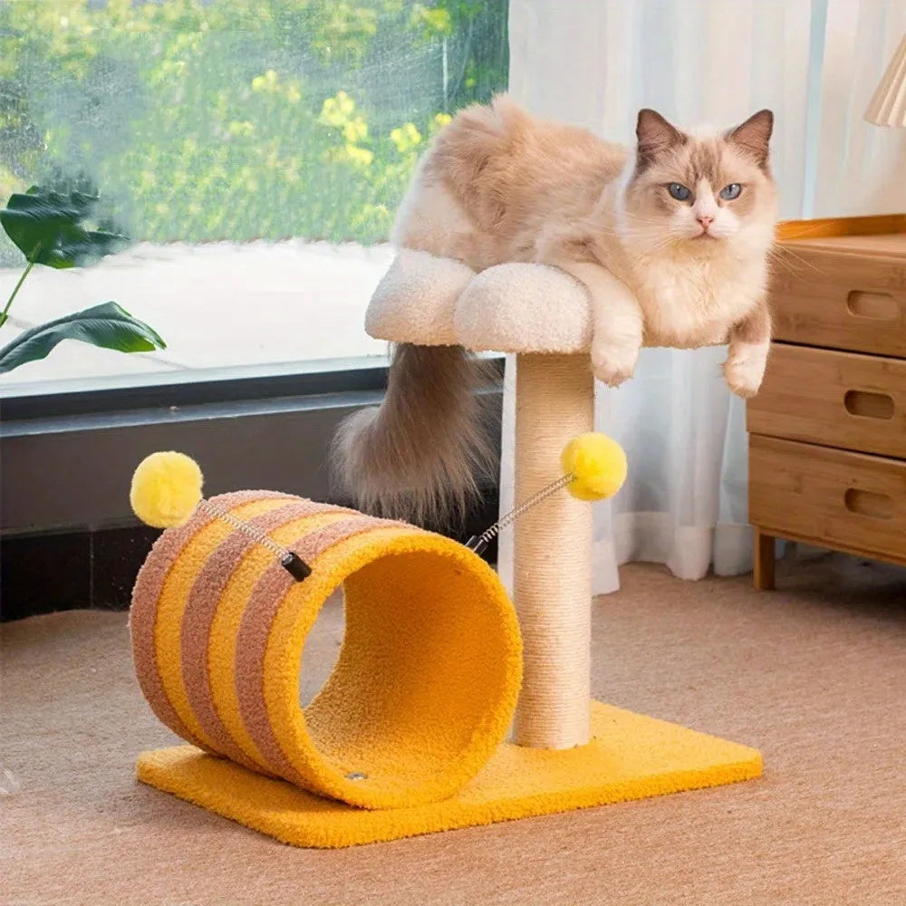 Yellow freestanding cat climbing frame with sisal scratching board and a tunnel