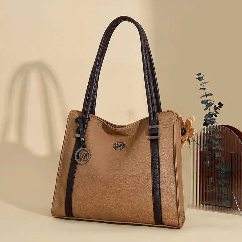 Genuine leather women's large capacity bag in horizontal square shape with double shoulder straps