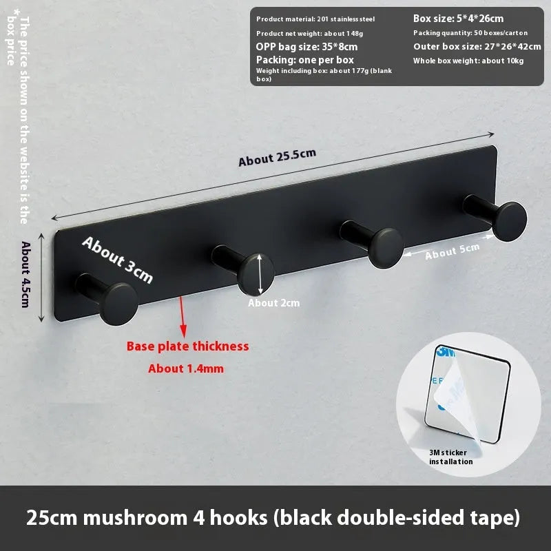 Screwless iron wall hook with mushroom design in three sizes for shower doors, with black and white tape options.