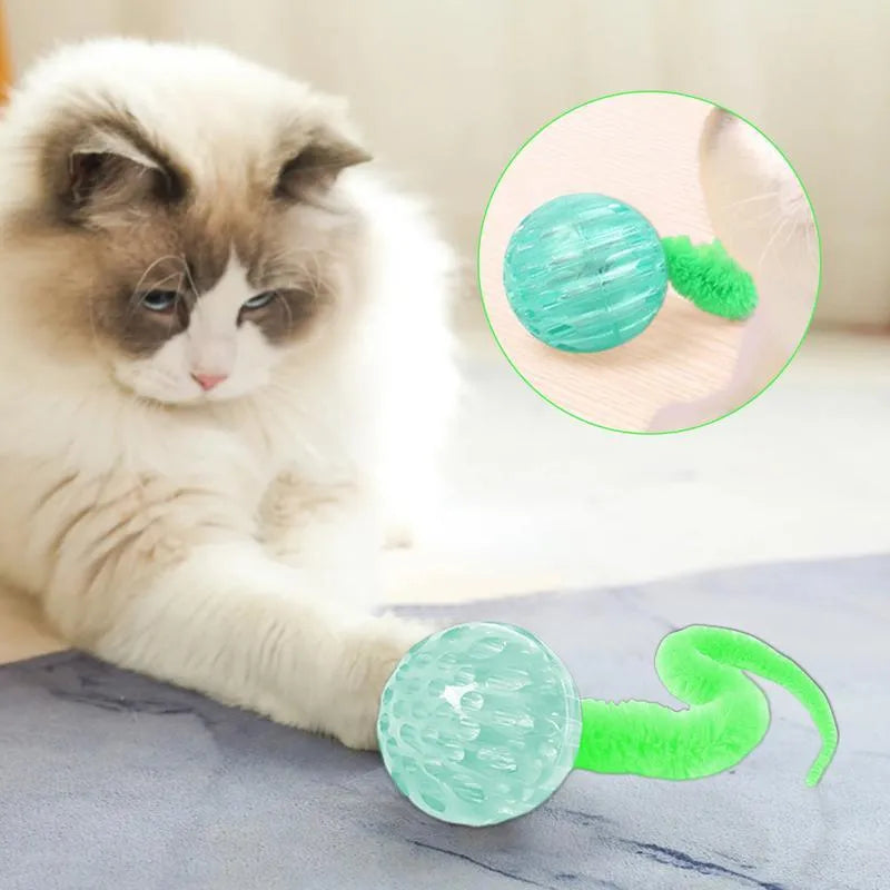 Interactive bouncing cat toy with plush worm tail in green, pink, or purple colour options