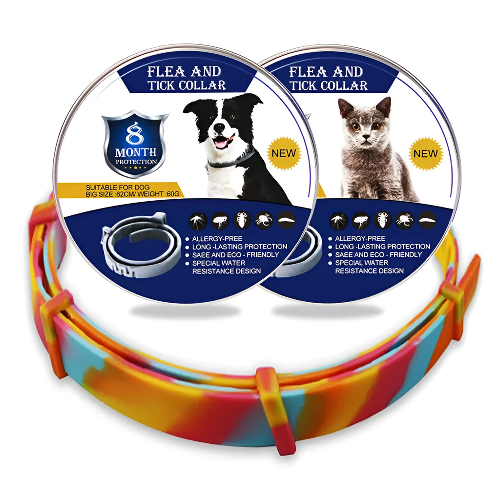Rainbow boxed plastic flea prevention collar for cats and dogs.