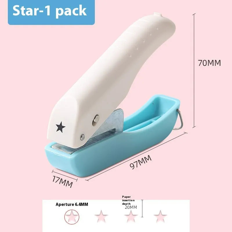 Small manual punching machine for creating love heart, star, and round embossed paper shapes.