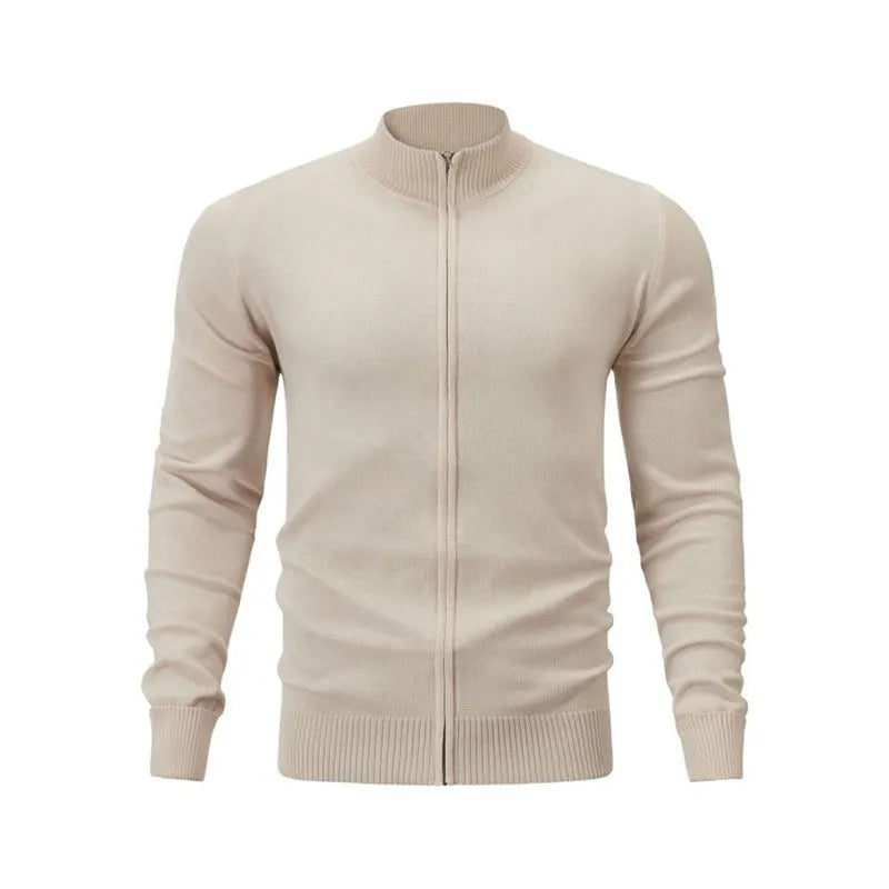 Men's cotton zip-up cardigan with stand collar in loose fit available in seven solid colours