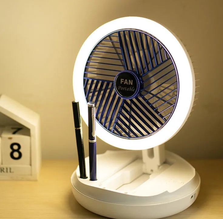 Blue or grey foldable USB fan with LED light showing 300° rotation and multiple mounting options