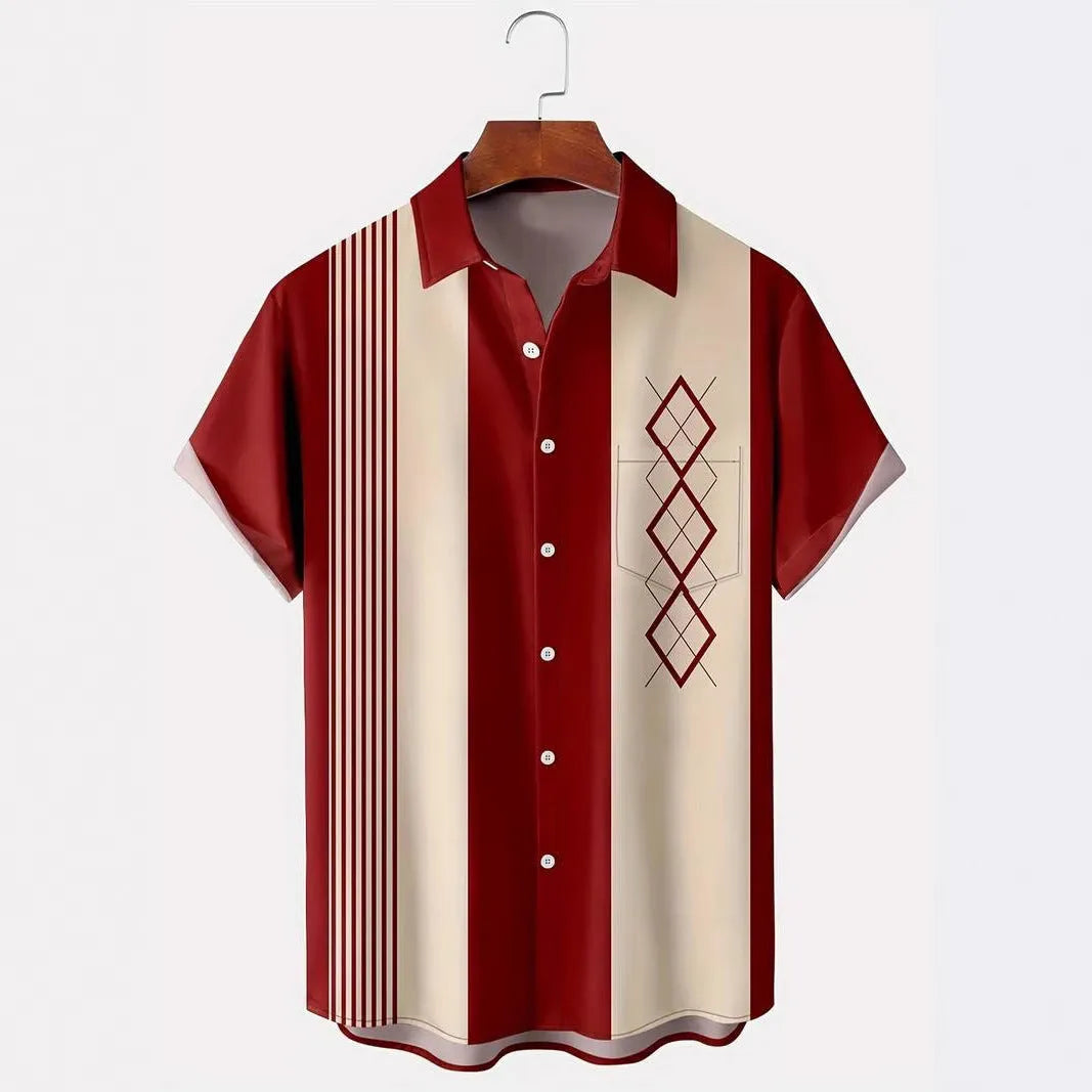 Men's loose fit plaid short-sleeve shirt with cardigan lapel in stretch polyester fabric