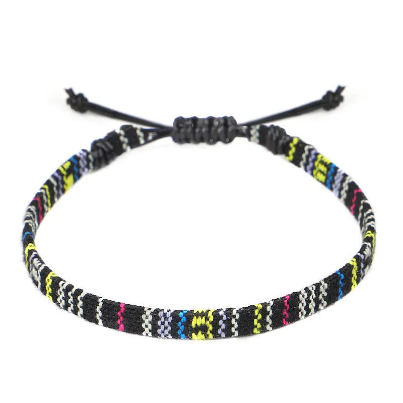 Hand woven rainbow colour cloth anklet with bohemian style on ankle