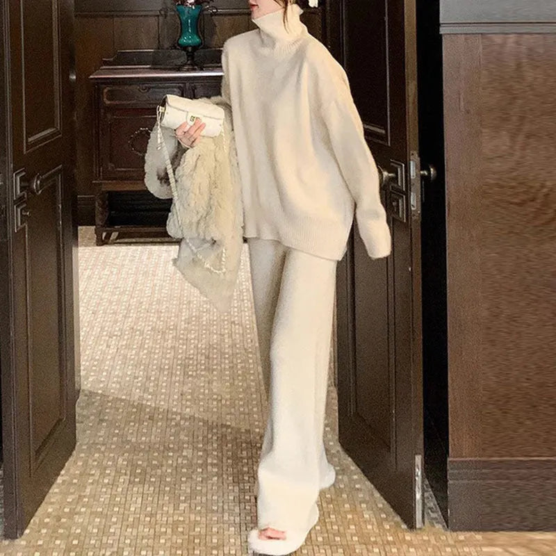 Women's casual acrylic sweater and wide leg trousers two-piece set in solid colour