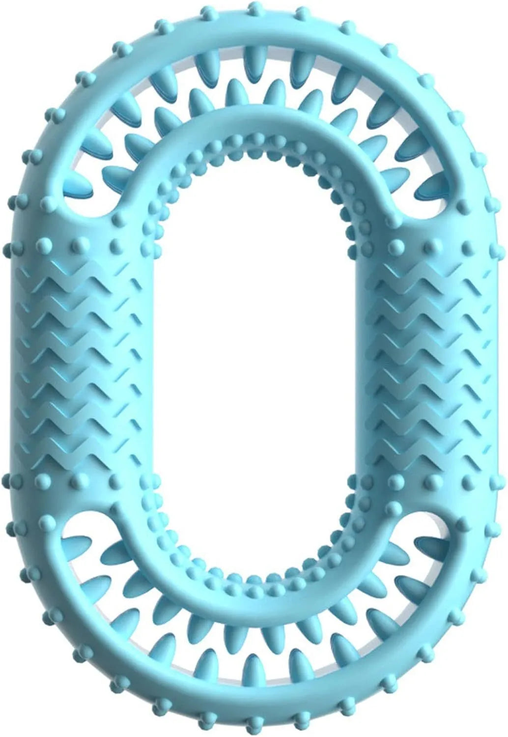Blue, green, and pink heavy-duty o-ring shaped dog chew toy for aggressive chewers.