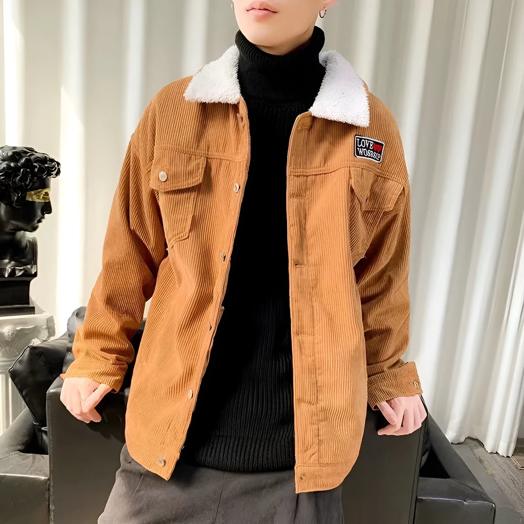 Men's loose fit corduroy workwear jacket in khaki colour with size stick pockets.