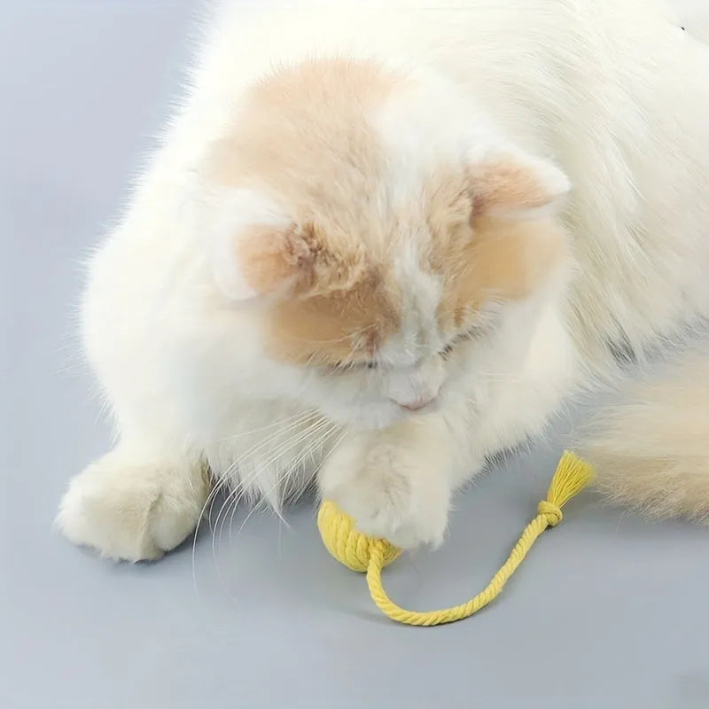 Cat toy ball with rope and bell in green, pink, purple, or yellow colour, small 3cm or medium 6cm size