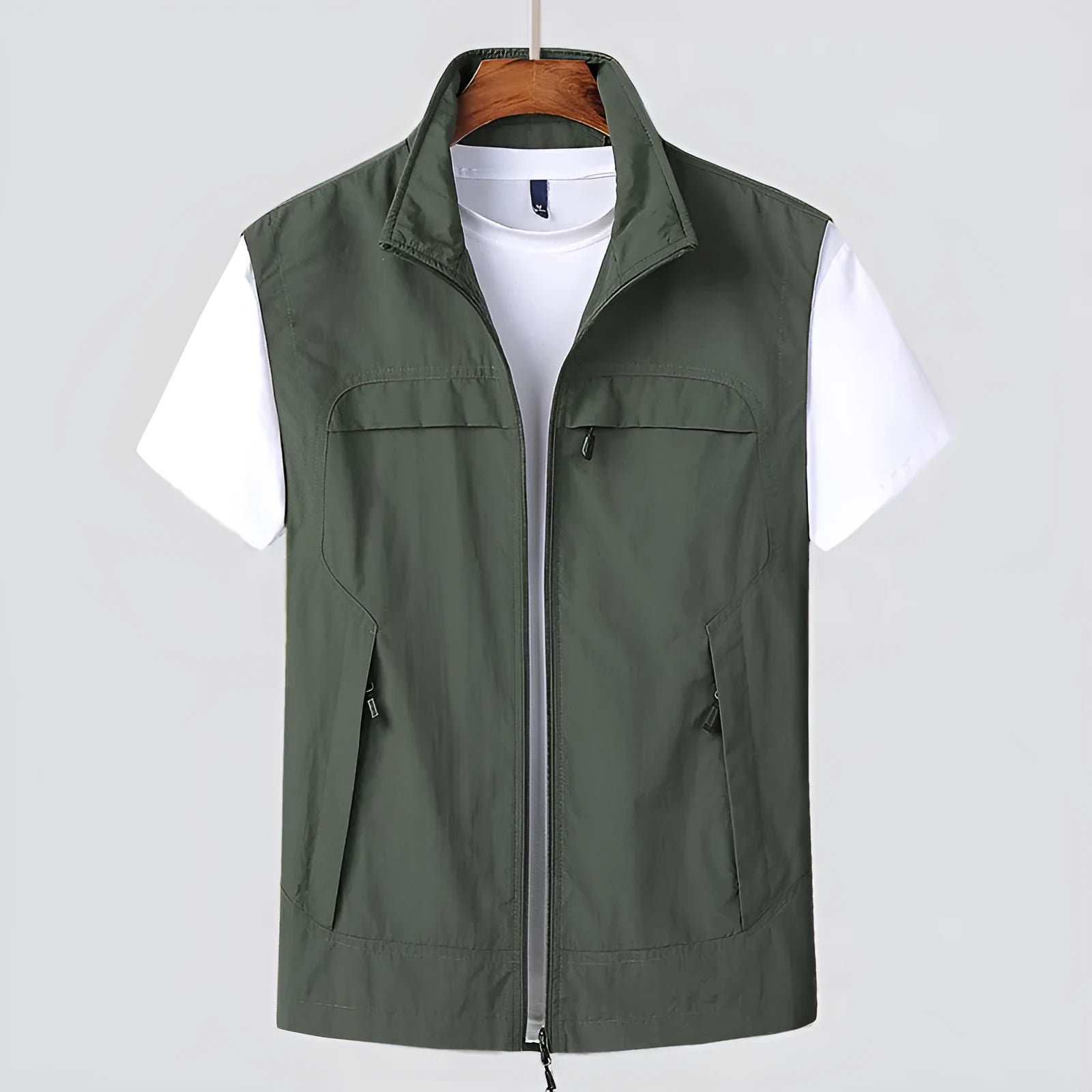 Multi-pocket waterproof hooded vest in stripe pattern available in khaki green black blue colours