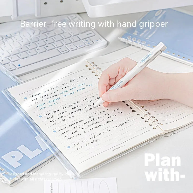 A5 PVC can store spiral notebook in blue or white with clear front showing loose pages