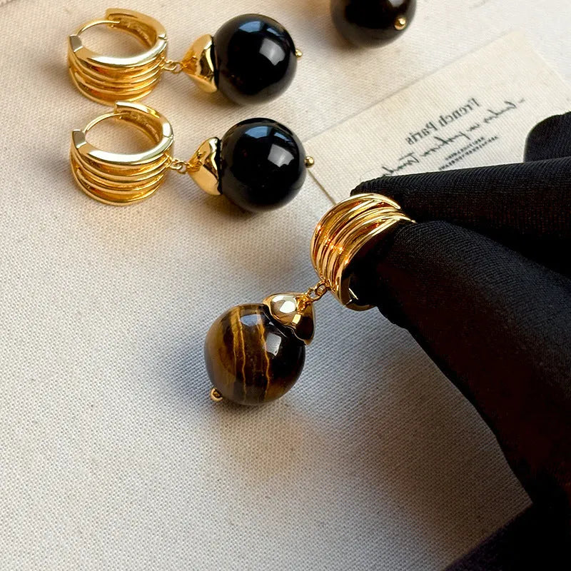 Geometric tigereye earrings with gold plating in black and brown colour options