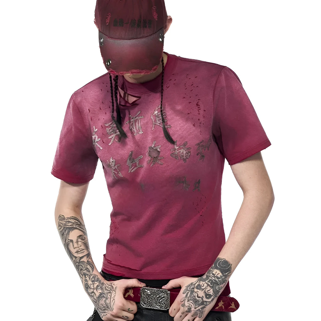 Red distressed slim-fit men's cotton t-shirt with short sleeves and a round neck.