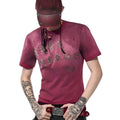Red distressed slim-fit men's cotton t-shirt with short sleeves and a round neck.