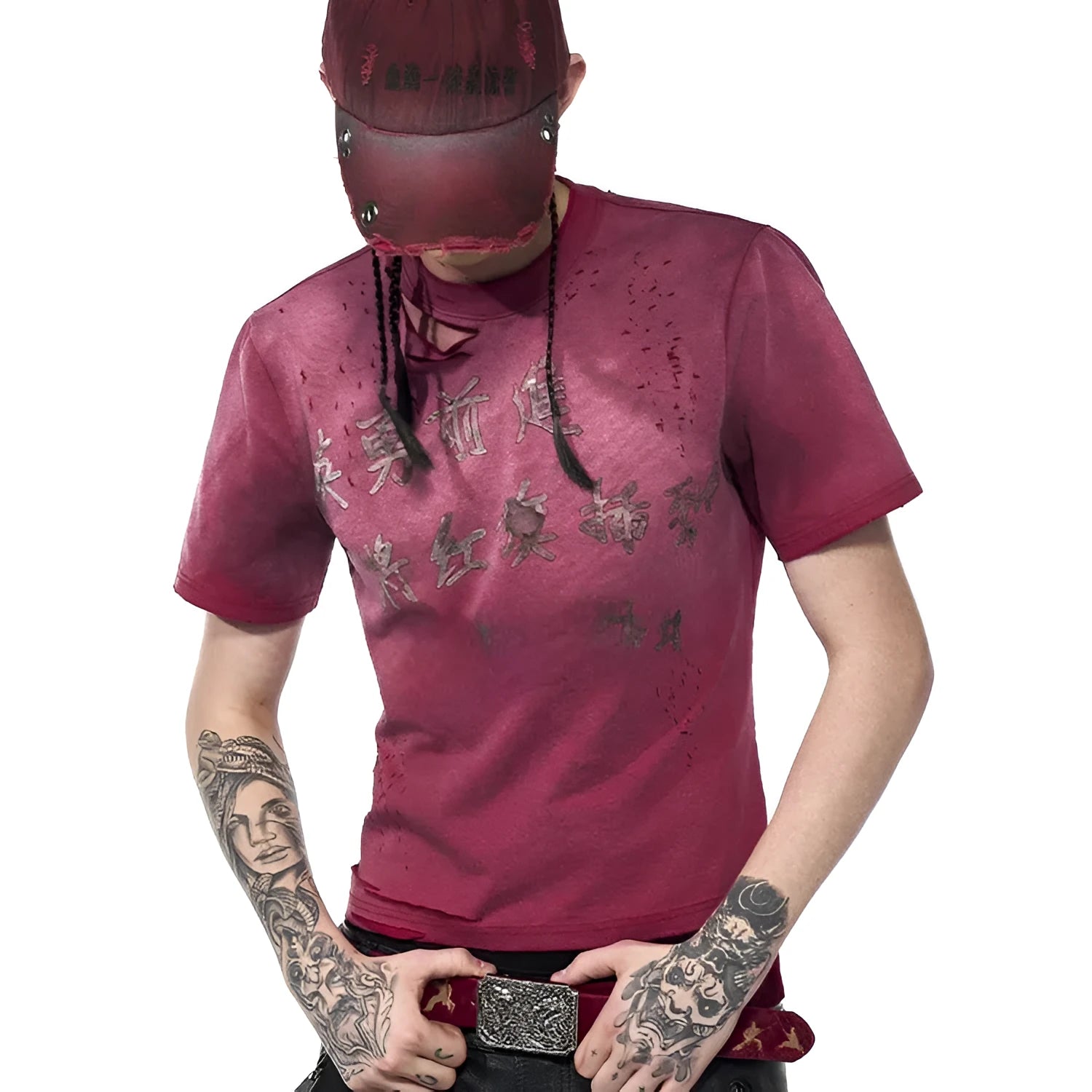 Red distressed slim-fit men's cotton t-shirt with short sleeves and a round neck.