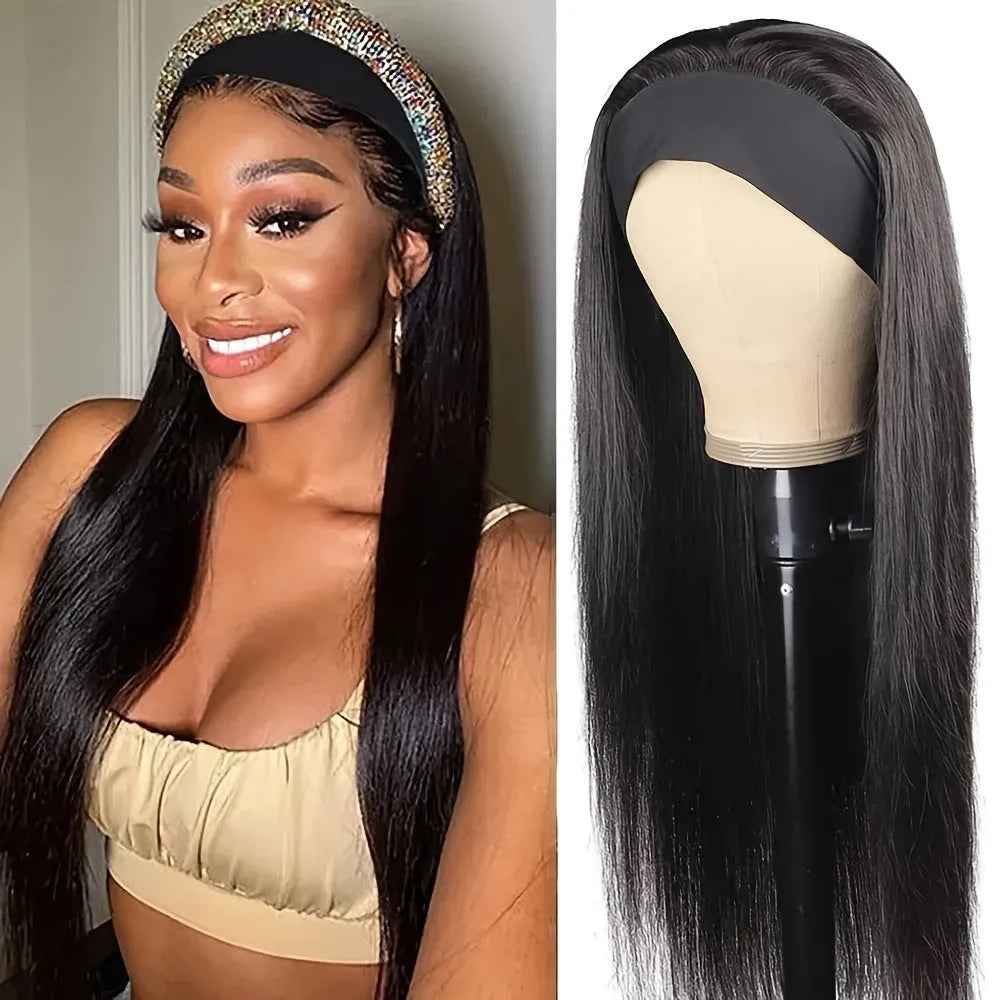 Headband wig with integrated elasticated headband in black straight, black curly, or wine red high temperature fibre hair