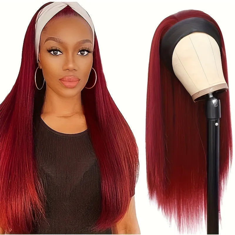 Headband wig with integrated elasticated headband in black straight, black curly, or wine red high temperature fibre hair