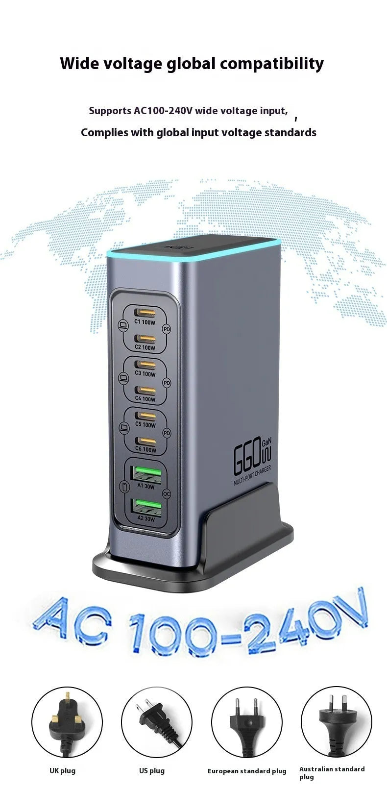 660W Gallium Nitride fast charger with US, EU, UK, and AU plug adapters for laptops and phones.