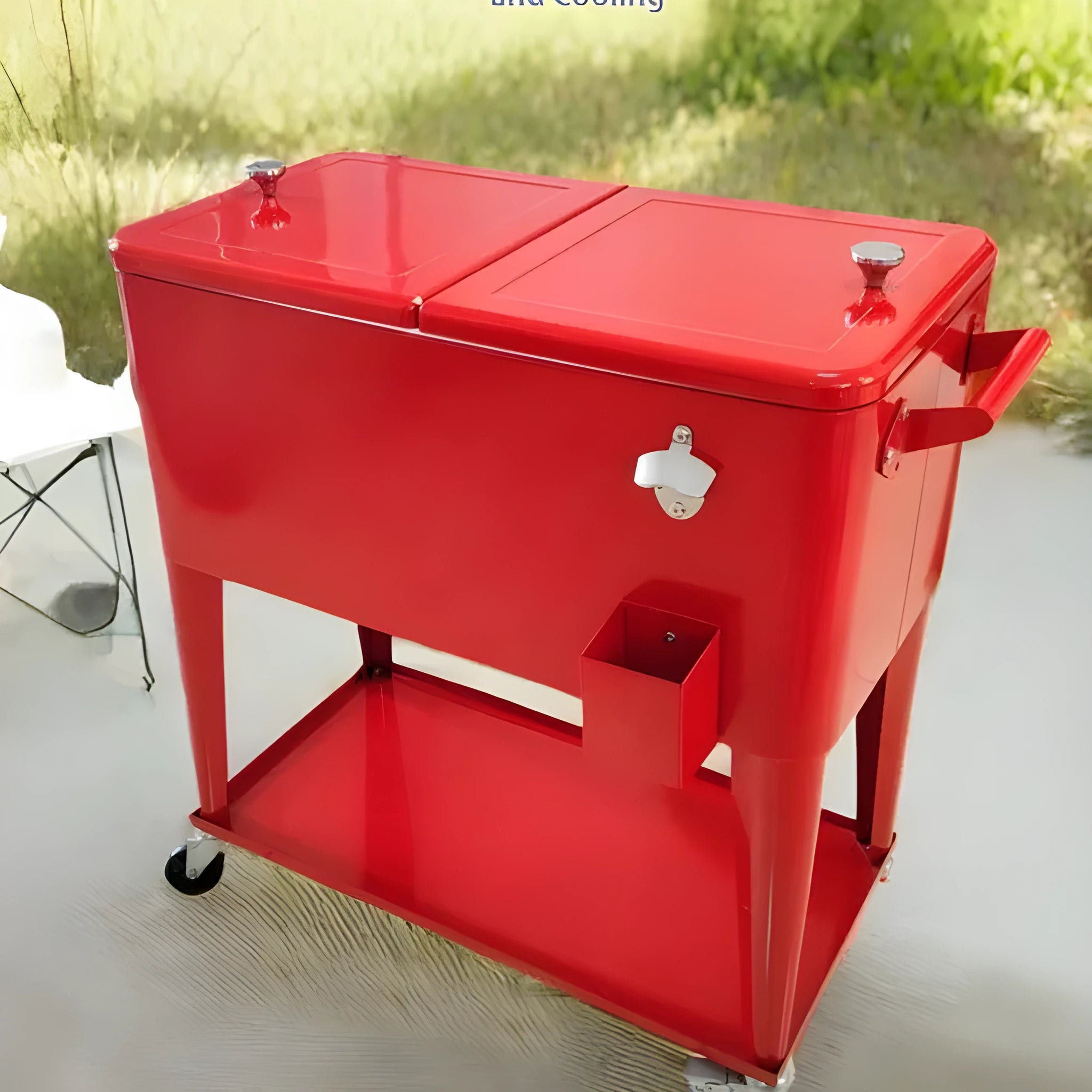 Red outdoor insulated picnic cart with metal frame and wheels for portable cooling