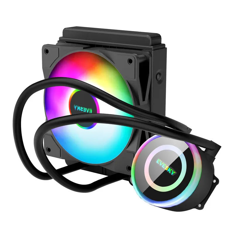 CPU liquid cooling radiator and fan with aluminium fins and optional RGB lighting.
