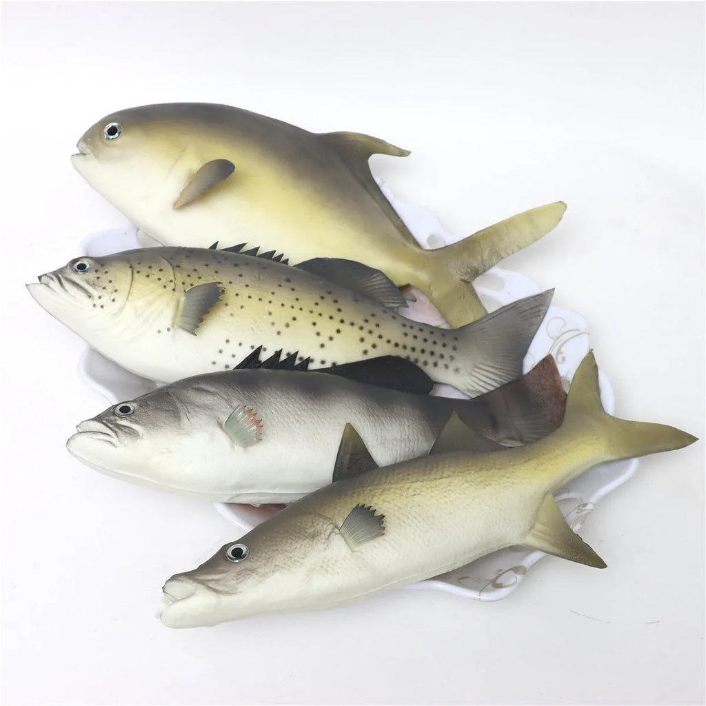 Set of three PU simulated fish model ornaments: yellow-fin tuna, flower fish, and yellow croaker.