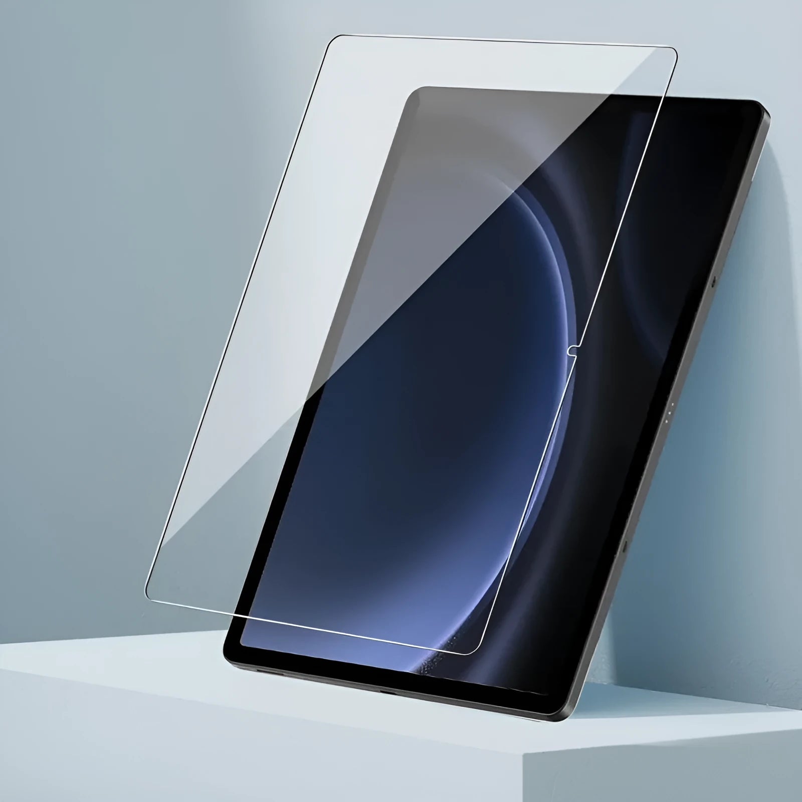 Samsung Galaxy tablet tempered glass screen protector showing HD clarity and full coverage.