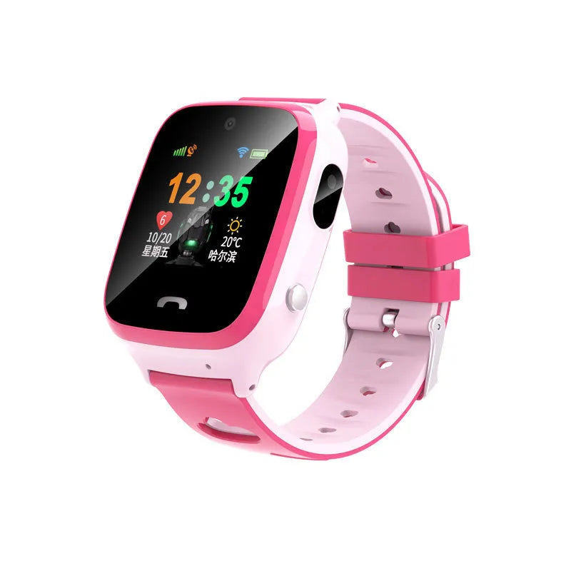 Children's smartwatch with pink silicone wristband showing HD touch screen and camera