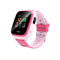 Children's smartwatch with pink silicone wristband showing HD touch screen and camera