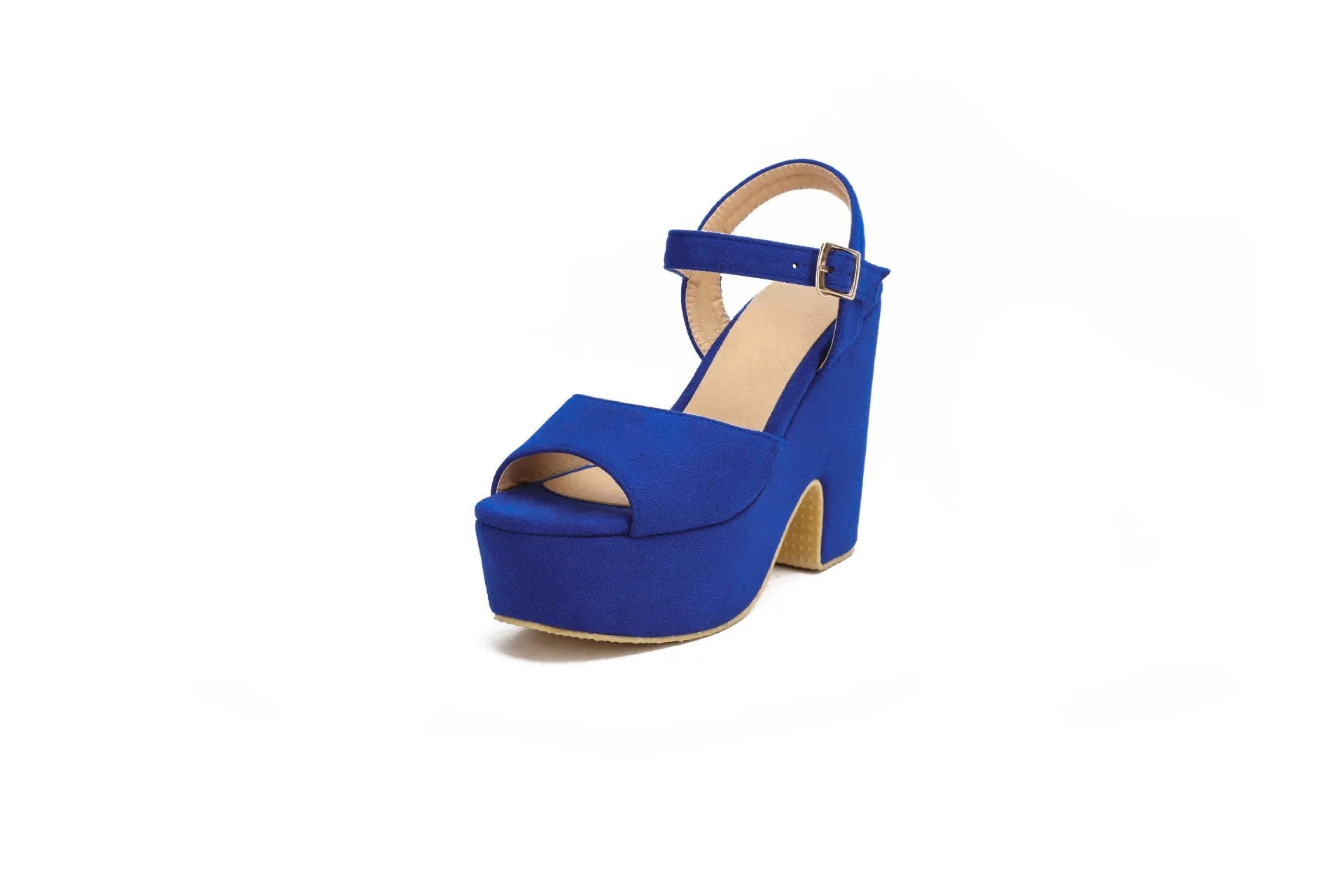 Black suede women's platform sandals with a round toe and ankle strap on a wooden background.