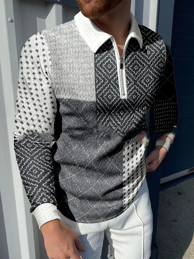 Men's casual lapel pullover with digital print in cotton blend fabric, loose fit