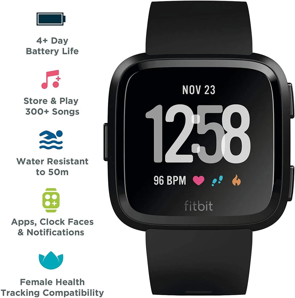 Black smart watch with heart rate monitor and sleep tracking on a silicone wristband, showing 1.4-inch screen.
