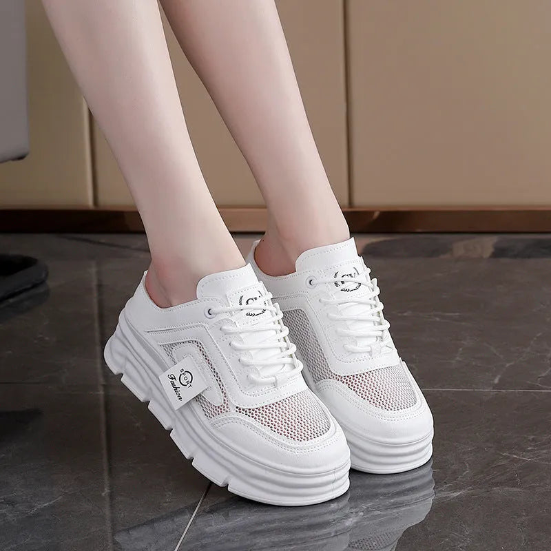 Women's black mesh half slippers with height-increasing insole and round toe design