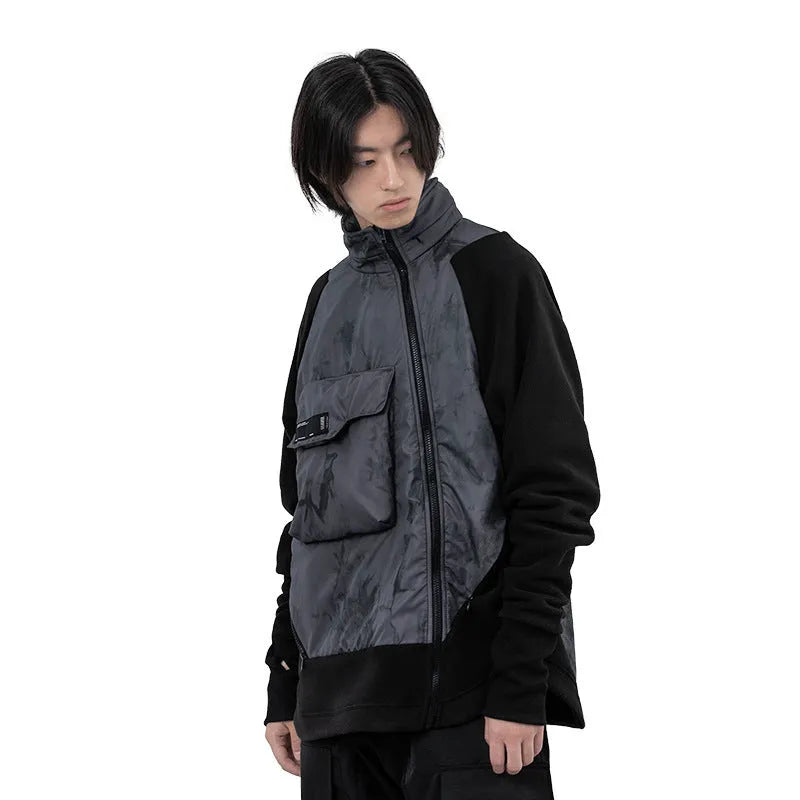Men's black cotton fleece hooded jacket with trend stitching, loose fit