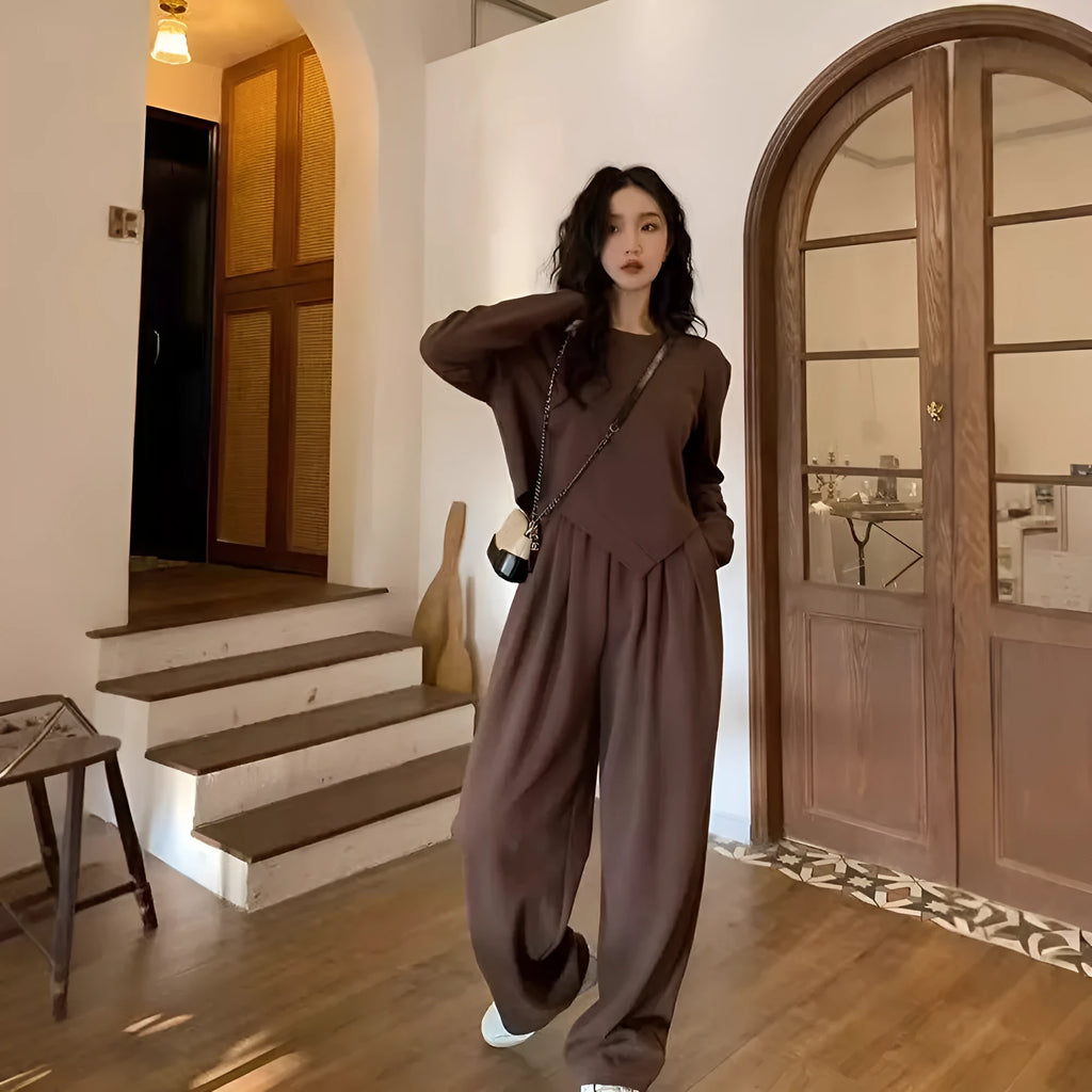 Women's khaki brown sports suit with long sleeves and matching trousers