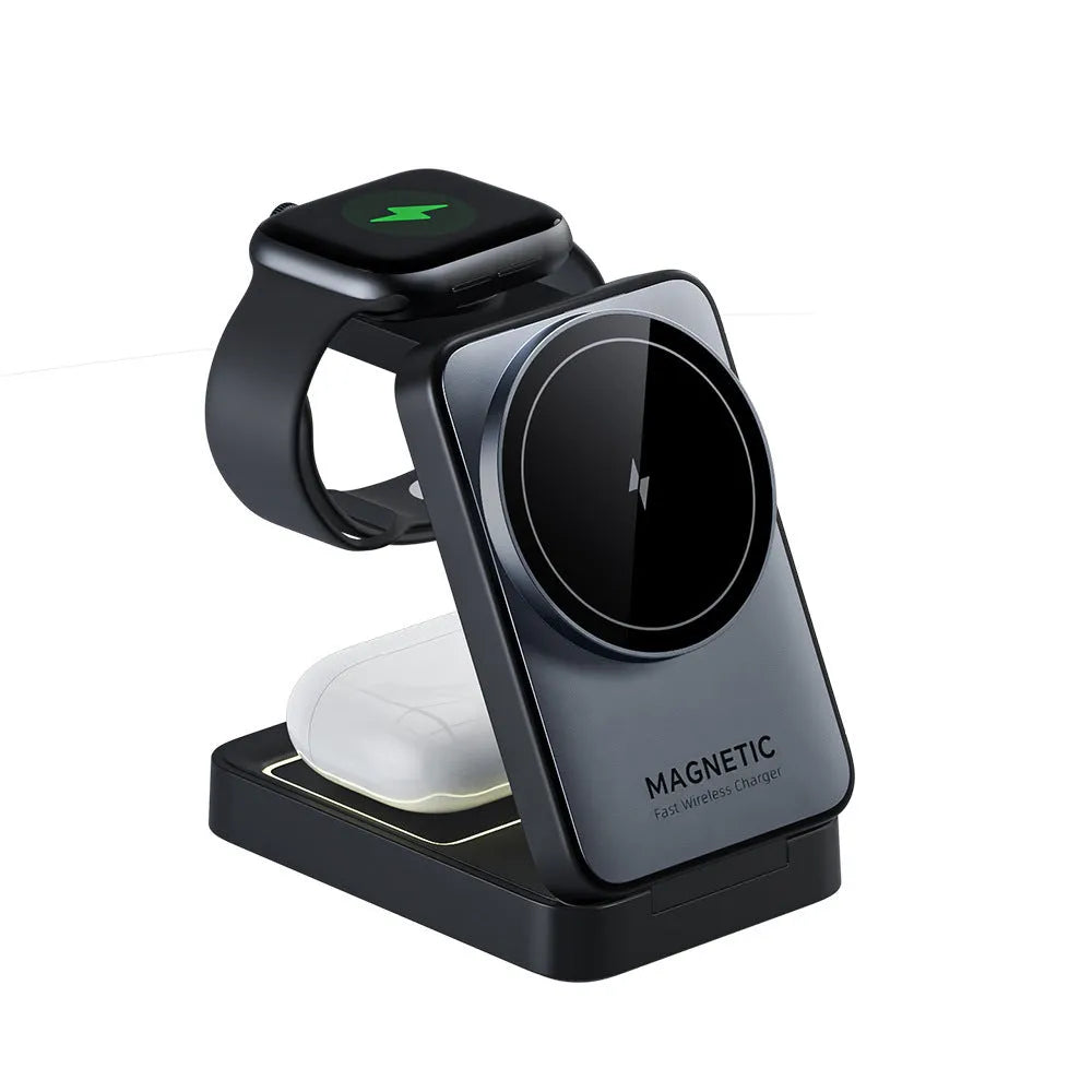 Folding magnetic three-in-one wireless charger in white ABS PC with phone watch and earbuds charging positions