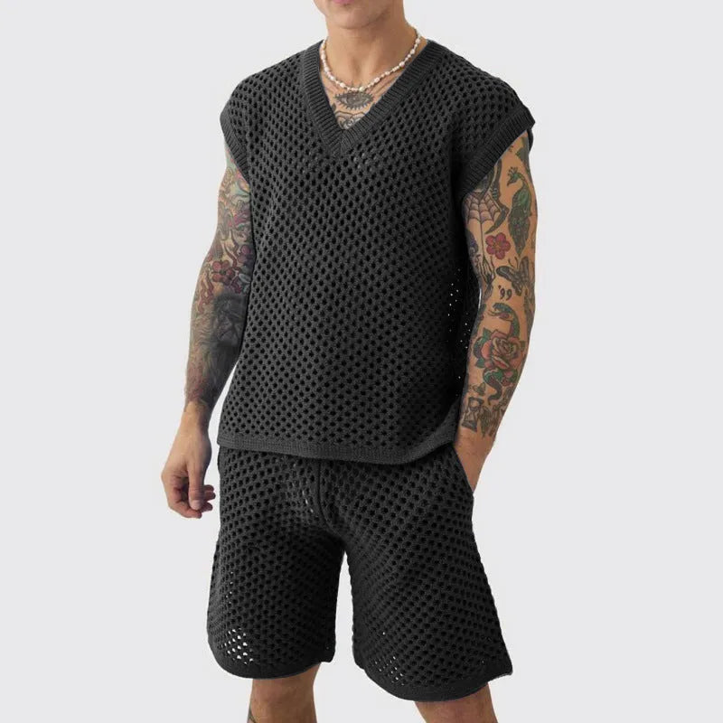 Men's blue knitted V-neck vest and matching shorts laid flat as a summer sports suit.