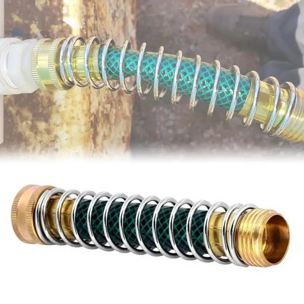 Brass garden spring hose connector with spiral spring, 15cm long with 3/4 inch threads.