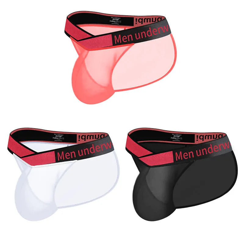 Men's transparent ice silk underwear with large V gradient front in red, black and white colours