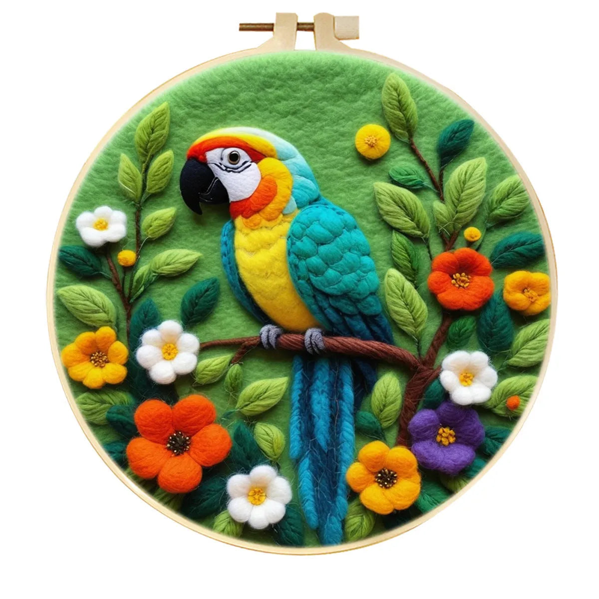 Round linen embroidery kit with wool felt pieces for 3D flowers and leaves, includes a free frame.