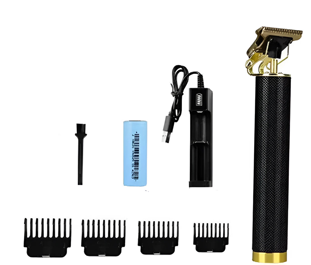 Black rechargeable electric hair clipper with gold steel blades, four combs, and cleaning brush